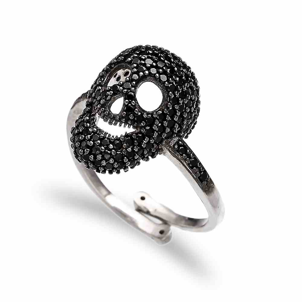 Black Zircon Skull Shape Adjustable Ring Turkish Handcrafted Wholesale 925 Sterling Silver Jewelry